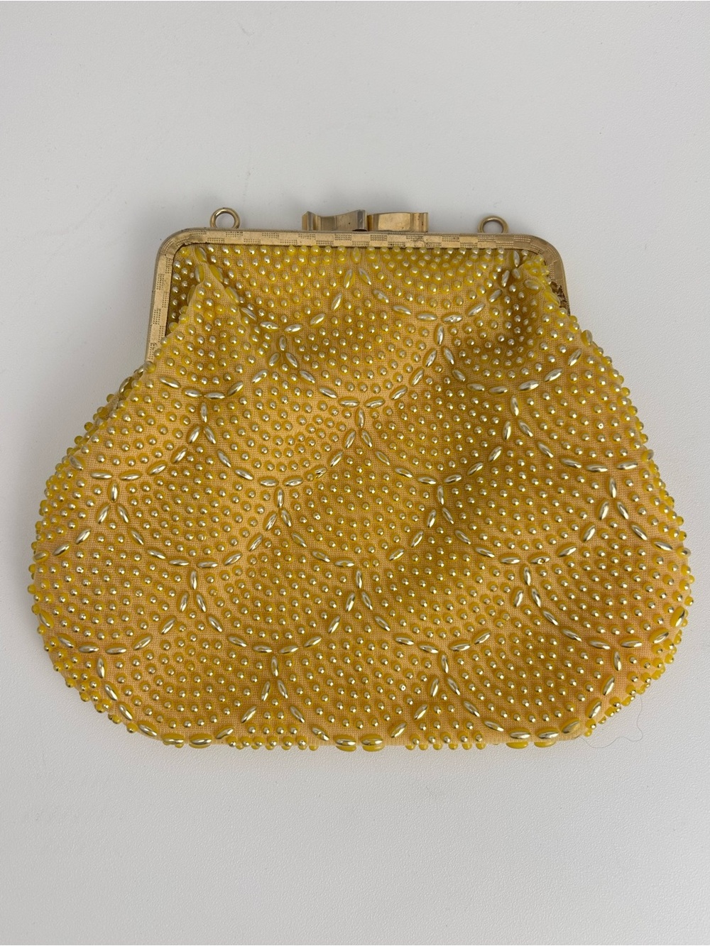 Artel Montreal Yellow Beaded Evening Clutch Purse Gold Tone Frame